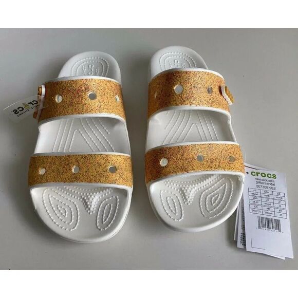 CROCS Classic Glitter Sandal White/Orange Sherbet Slip On Slide Sandal Sz 8 W - Picture 1 of 8